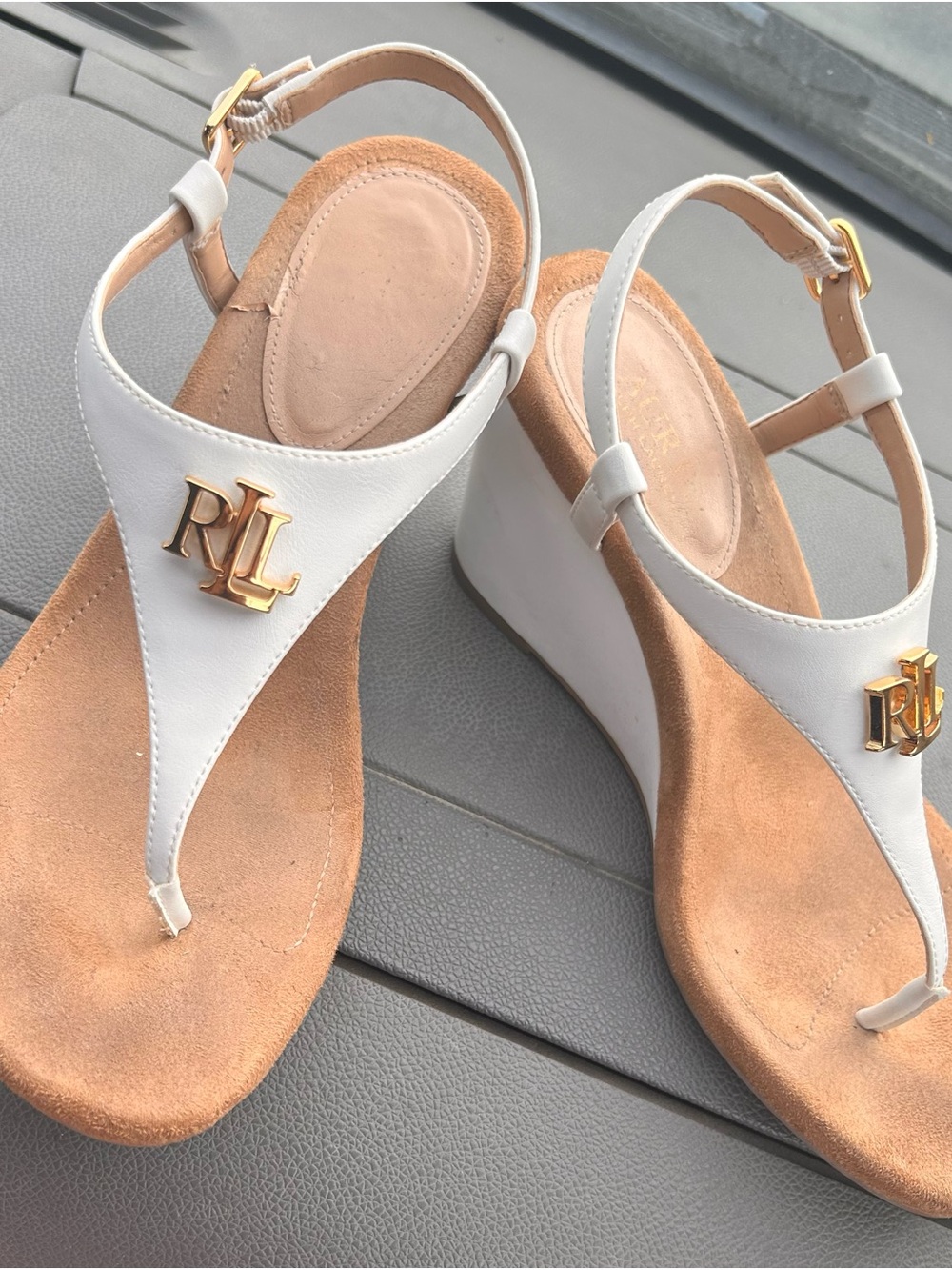 Ralph Lauren White Leather Wedge Thong Sandals with Gold RL Emblem